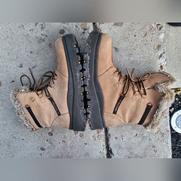 Vintage 90s Chunky Skechers Womens Boots Platform Tan Leather Lace Fur Y2K Sz 7 - Picture 10 of 12